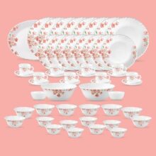 La Opala Diva Classique Collection Opal Glass Crockery | For Family Of 8 | Dinner Set 53 Pcs Aster Pink | Plates, Bowls & Cups For Dining | Microwave Safe | 100% Vegetarian | Extra Strong | White