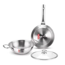 Milton Pro Cook Induction Cookware & Gas Stove Friendly Triply Stainless Steel 3 Pcs Cookware Set | Fry Pan 24cm | Kadai with Glass Lid 24cm | Even & Fast Cooking | 3 Years Warranty | Silver