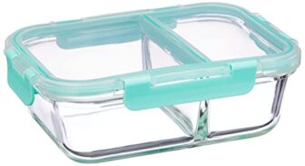 Amazon Brand – Solimo Microwave Safe Two Compartment Lunch Box Set for Office | Borosilicate Glass | Safety Lock Airtight Tiffin Containers (900 ml) | Transparent | Slim Design