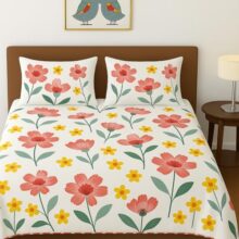 BSB HOME 100% Cotton Feel Double Bed Bedsheet Set | 144 TC Soft & Breathable | Mint Green White Flower Print with 2 Pillow Covers | Wrinkle Free | for Bedroom (90 x 90 Inches)