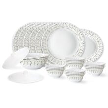 Larah by Borosil Ora Gold Fluted Series Opalware Dinner Set | 23 Pieces for Family of 6 | Microwave & Dishwasher Safe | Bone-Ash Free | Crockery Set for Dining & Gifting | Plates & Bowls | White