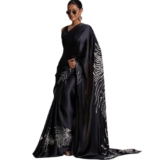 Clothera Fashion Japan Satin Floral Print Saree For Women With Blouse Piece – Satin Finish Draped Saree (Black)