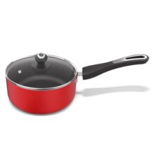 Preethi Dura Collection Non Stick Milk Pan | 16 cm | 5 Star Non Stick | Gas & Induction Compatible | Chilly Red | 1L | 1 Piece | Aluminium