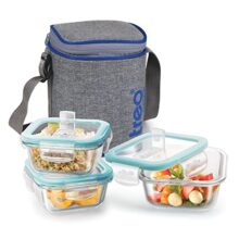 Treo by Milton All Fresh Square Glass Tiffin Containers With Insulated Jacket, 3 Containers, 320 ml Each, Grey | Microwave Safe | Ovensafe | Stackable | Leak Proof | Office | School | College | Picnic