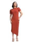PURVAJA Women’s Bodycon Midi Short Sleeve High Neck Solid Dress [Ruby-747-Rust-S] Orange
