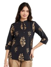 Amazon Brand – Myx Women’s Printed Regular Cotton Short Kurti (PAG 1_Black Floral_S)