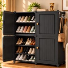 LERIMO Plastic Shoe Rack with Door for Home | 8 Shelf, 4 Door DIY Shoe Cabinet | Metal Door Frame | Chappal, Slipper & Shoe Stand | 64 x 84 x 32 cm (Grey, 4 Door)