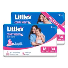 Little’s Baby Diapers M Size (Medium) Pants Style | 7-12 kg | 68 Count | Comfy Nights Baby Diaper Pants with Leakage Guard & Upto 12 Hours Absorption (34 Count, Pack of 2)