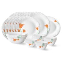 Larah by Borosil Firefly Fluted Series Opalware Dinner Set of 6 Full Plate 6 Quarter Plates 6 Veg Bowls 6 Soup Bowl 2 Serving Bowl and 1 Oval Rice Plate | Bone-Ash Free Crockery Set (White, 27 Pieces)
