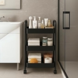 HomeGrits 3-Layer Kitchen Trolley – Black Metal Storage Rack with Wheels, Tiered Shelves & Mesh Baskets – Multipurpose Rolling Cart for Vegetables, Fruits, Bathroom & Home Organization