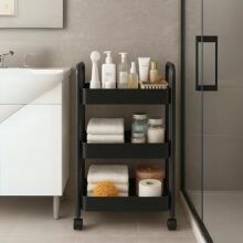 HomeGrits 3-Layer Kitchen Trolley – Black Metal Storage Rack with Wheels, Tiered Shelves & Mesh Baskets – Multipurpose Rolling Cart for Vegetables, Fruits, Bathroom & Home Organization