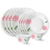 Larah by Borosil Red Mist Fluted Series Opalware Dinner Set | 12 Pieces for Family of 4 | Microwave & Dishwasher Safe | Bone-Ash Free | Crockery Set for Dining & Gifting | Plates & Bowls | White