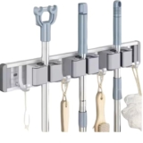 Dark Magister Wall Mounted Mop And Broom Holder With Adjustable Clips And Hooks For Round Rods Space Aluminium Base (3 Slot (40 Cm))