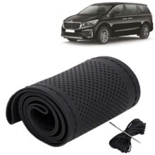 KINGSWAY® PU Leatherite Car Steering Cover Sewable Compatible with Kia Carnival (Year 2020 Onwards), Black Color with Black Thread, Pack of 1 with Sewing Needle and Thread