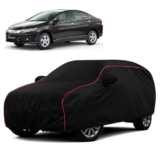 Sulfar 100% Water Resistant Car Body Cover Compatible with Mirror for Honda City i-VTEC (Triple Stitched, Full Bottom Elastic, Black with Red Piping)