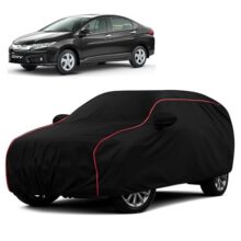 Sulfar 100% Water Resistant Car Body Cover Compatible with Mirror for Honda City i-VTEC (Triple Stitched, Full Bottom Elastic, Black with Red Piping)