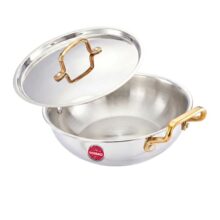 Amazon Brand – Solimo Premium Triply Stainless Steel Kadhai 24cm (2.5L) | SS Lid | Even Heating | Gas & Induction Compatible | Dishwasher Safe | Food Safe SS 304 | Elegant Golden Handles | BIS Certified