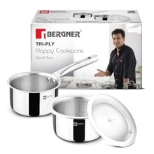 Bergner Tripro Triply 3 Pcs Stainless Steel Cookware Happy Set – Tope with Lid 16cm (1.5L) and Teapan 14cm (1L), Even and Faster Heating, Healthy Cooking, Less Oil Use – Induction and Gas Stove Ready