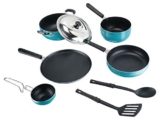 Tosaa Popular Nonstick Cookware 8 Pcs Gift Set Amber Includes 1 -Flat Tawa, 1- Kadhai, 1 -Frying pan, 1- Sauce pan, 1 – Tadka pan, 1 – Stainless Steel Lid, 2 – Spatula