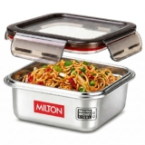 MILTON New Modulo Steel Square 450 Container with lock lid|Airtight & Leakproof|Microwave & Oven safe| Light Weight | School, Office or Picnic use, 400 ml, Silver