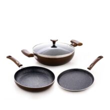 Crystal Vivid Series Induction Base Non Stick Cookware Set- 4 Pcs | Tawa 250 mm + Fry Pan 240 mm + Kadai 240 mm + Glass Lid 240 mm | 3 mm Thickness | Metal Spoon Friendly
