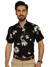Indian Needle Navy Floral Printed Formal Shirt for Mens. (Navy, S)