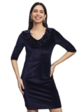 Vaararo V-Neck Party Dress for Women Bodycon | Shiny Velvet Half Sleeves Above Knee Length Outfit Navy Blue Large