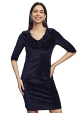 Vaararo V-Neck Party Dress for Women Bodycon | Shiny Velvet Half Sleeves Above Knee Length Outfit Navy Blue Large