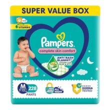 Pampers Complete Skin Comfort Pants, Medium (M) 228 Count, Anti-Rash Blanket, Lotion With Vitamin E & Aloe Vera, 7-12Kg