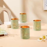 Amazon Brand – Solimo Tea Light Votive – Round Leaf Design, Sea Green Iron with Gold Interior, Set of 4 (Size: L-7.5 cm x W-7.5 cm x H-10 cm)