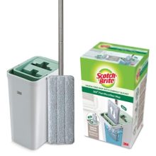 Scotch-Brite Hands-Free Microfiber Flat Mop With Compact Bucket, Splash Proof Design & Double Scraper For Easy Squeeze (1 Bucket, 1 Mop, 1 Refill)