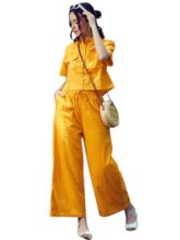 Mustard Schiffli Crop Shirt With Wide Leg Pants