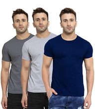 Scott International Men’s Regular Fit T-Shirt – Cotton Blend, Half Sleeve, Round Neck, Stylish, Solid Plain T-Shirts for Men, Mens t Shirt – Pack of 3 (Navy Blue,Charcoal & Grey, Large)