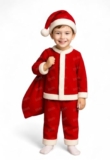 DECORBERRY Santa Claus Dress For Kids 7-10 Years Boy Girl 4Pc Set with Shirt Pant Hat Goodie Bag Warm Fleece Christmas Fancy Dress Costume School Play Xmas Gift Red Outfit Suit Prop