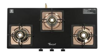 Golden Surya CXJ 32 SS Desire 3 Burner Gas Stove | Forged Brass Burners | Rose Gold Stainless Steel Body | Toughened Glass Top | Manual Ignition | ISI Certified | 18 Months Warranty