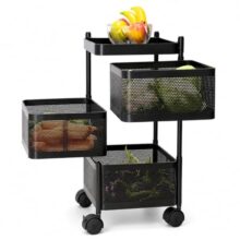 Homeor 3 Layer Kitchen Trolley with Wheels | 360° Rotating Metal Storage Rack for Vegetables, Fruits, Onion & Spices | Square Multipurpose Kitchen Organizer Stand | Metal Kitchen Trolley, Matte Black