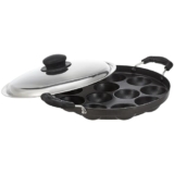 Amazon Brand -Solimo Aluminium Non-Stick Appam Patra – 12 Cavities 22.8 Cms | 2 Side Handles With Stainless Steel Lid | 2-Layered Pfoa, Pfos And Toxin-Free Coating | Appam Pan | Litti Maker (Black)