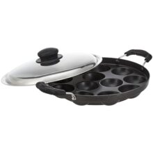 Amazon Brand -Solimo Aluminium Non-Stick Appam Patra – 12 Cavities 22.8 Cms | 2 Side Handles With Stainless Steel Lid | 2-Layered Pfoa, Pfos And Toxin-Free Coating | Appam Pan | Litti Maker (Black)