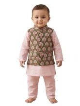 Pspeaches Boys Cotton Full Sleeves M&arin Collar Solid Kurta & Pyjamas with Dobby Jacket 3 Piece Set|Ethnic Wear for Cute Baby Boys|Traditional & Festive Outfit 6-9 Month Pink