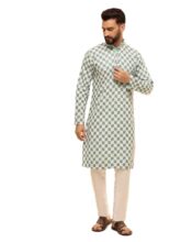 SOJANYA (Since 1958 Men’s Cotton Rayon Embroidered Sequinned Sea Green Kurta with White Pyjama