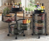 Homewiz 3-Layer Round Kitchen Trolley | Movable Storage Organizer For Fruits & Vegetables | Perforated Mesh Baskets With Solid Flat Top | Multipurpose Rack For Onion & Potato | Rust-Resistant | Black