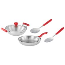 Amazon Brand – Solimo 4pcs Triply Cookware Set (Kadhai with Glass lid, Fry pan, Slotted Spoon, Serving Spoon) | Silver