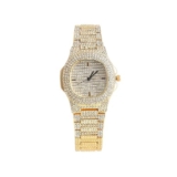 Haute Sauce Women’s The Embellished Cluster Square Watch | Gold Stainless Steel Strap | Crystal Silver Dial | One-Size | Foldover Closure | Quartz | Battery | Wrist Belt Watch for Female and Girls