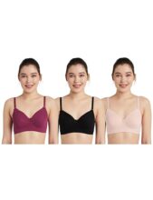 Amazon Brand – Symbol Women’s Cotton Stretch Padded Wire Free Medium Coverage T-Shirt Bra (Pack of 3) (BRA-13 Cont_Blck-Blush-Wine_40C)