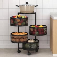 Homewiz 4-Layer Round Kitchen Trolley | Movable Storage Organizer For Fruits & Vegetables | Perforated Mesh Baskets With Solid Flat Top | Multipurpose Rack For Onion & Potato | Rust-Resistant | Black