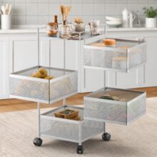 Amazon Brand – Solimo 360° Revolving Preassembled Heavy-Duty 4 Layer Square Portable Trolley with Wheels | Multipurpose Storage Racks | Books, Fruits and Vegetables (Matte,Silver)