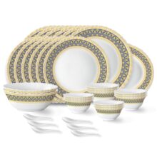 Larah by Borosil Regal Fluted Series Opalware Dinner Set | 33 Pieces for Family of 6 | Microwave & Dishwasher Safe | Bone-Ash Free | Crockery Set for Dining & Gifting | Plates & Bowls | White