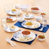 Larah By Borosil Blue Eve Silk Series Opalware Dinner Set With Glasses, 40 Pieces For Family Of 6, Microwave & Dishwasher Safe, Bone-Ash Free, Crockery Set For Dining & Gifting, Plates & Bowls, White