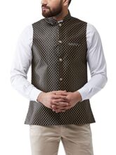 SOJANYA (Since 1958 Men’s Silk Blend Black & Gold Self Design Nehru Jacket, Size: 40