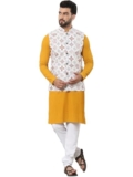 SOJANYA (Since 1958 Men’s Pure Cotton Mustard Kurta and White Pyjama With Printed Cream Nehru Jacket